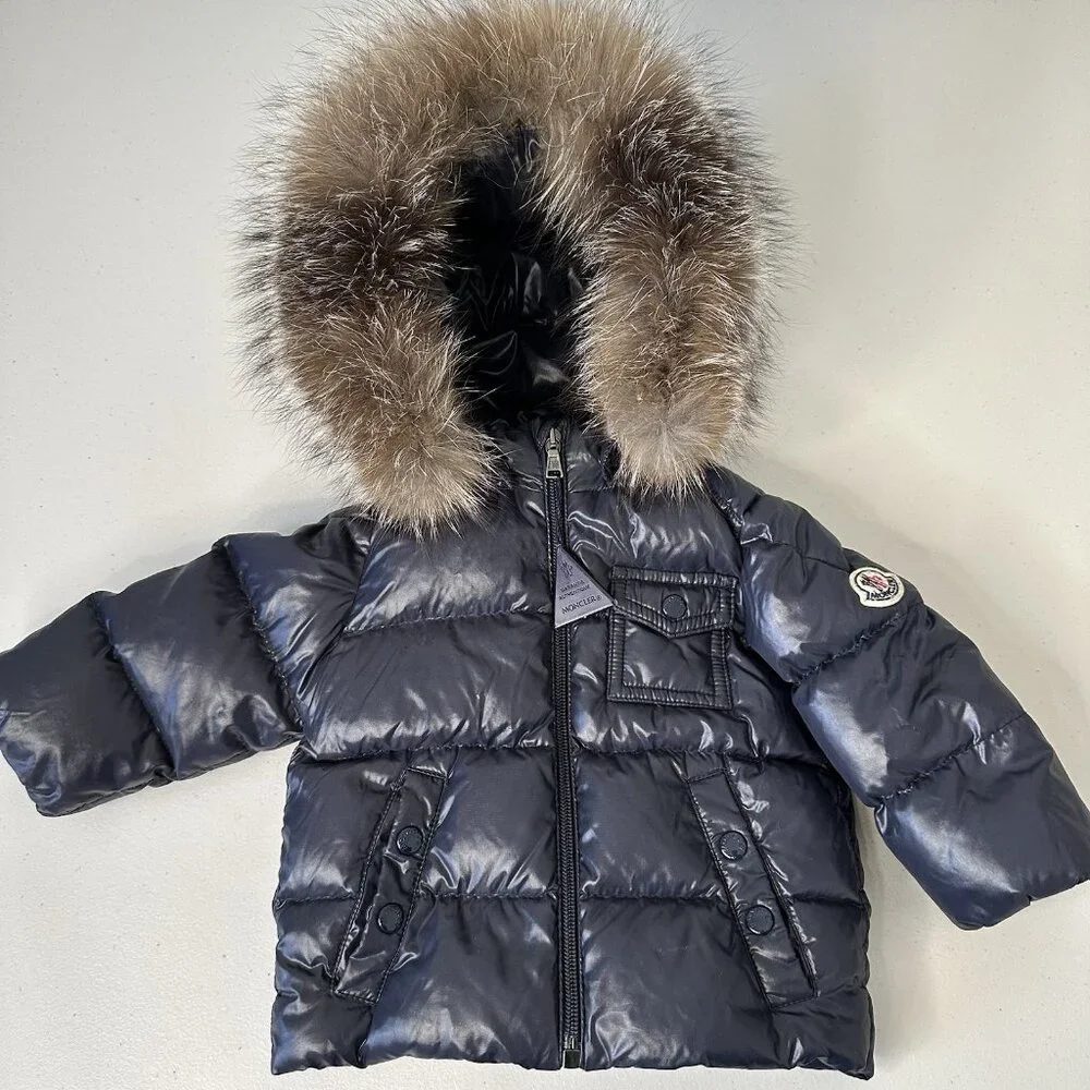 Moncler K2 Hooded Down Jacket Fox‎ Fur Trim Navy Size 6 to 9 months Baby